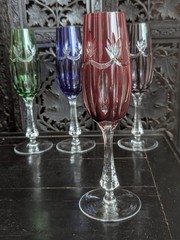 Vtg Ajka Rene Ruby Red Cut Clear Bohemian Crystal Champagne Flute Stemware Glass