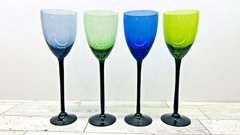 Vintage Set Of 4 Black Stemmed Green & Blue Cordial Glasses 7 5/8″ tall