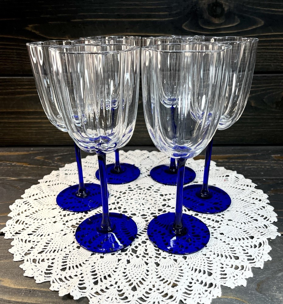 Flower Shaped Wine Glasses Cobalt Blue Stem 8 1/4” Tall Set Of 5 Hand Blown