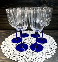 Flower Shaped Wine Glasses Cobalt Blue Stem 8 1/4” Tall Set Of 5 Hand Blown