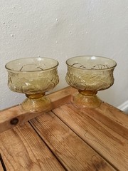 Amber Gold Crinkle Textured Stemmed Glass Glasses / Dessert Dishes Set Of 2