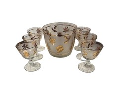 Vintage Libbey Frosted Gold Leaf Ice Bucket and Glass Stemware Set – 7 piece