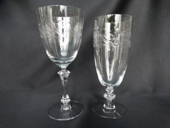Tiffin Elegant Polished Cut Glass Water Goblet Stem 17453-7 Leafs Plants Pattern