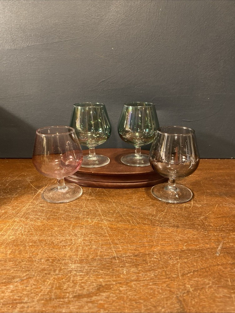 4 Vintage Mini Brandy Snifters Cordial or Cognac Glasses 3.75” Tall Green Purple