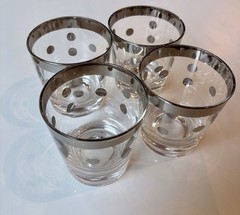 MCM Modern Rocks Barware Glasses (4) Dorothy Thorpe Silver Rim Polka Dot 60’s