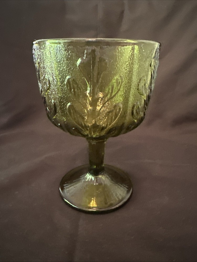 Vintage FTD 1975 Green Glass Footed Goblet With Oak Leaf Pattern