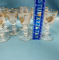 VTG Libbey Frosted Glass Golden Foliage Gold Leaf Set 8 Cordial Glasses Stemmed