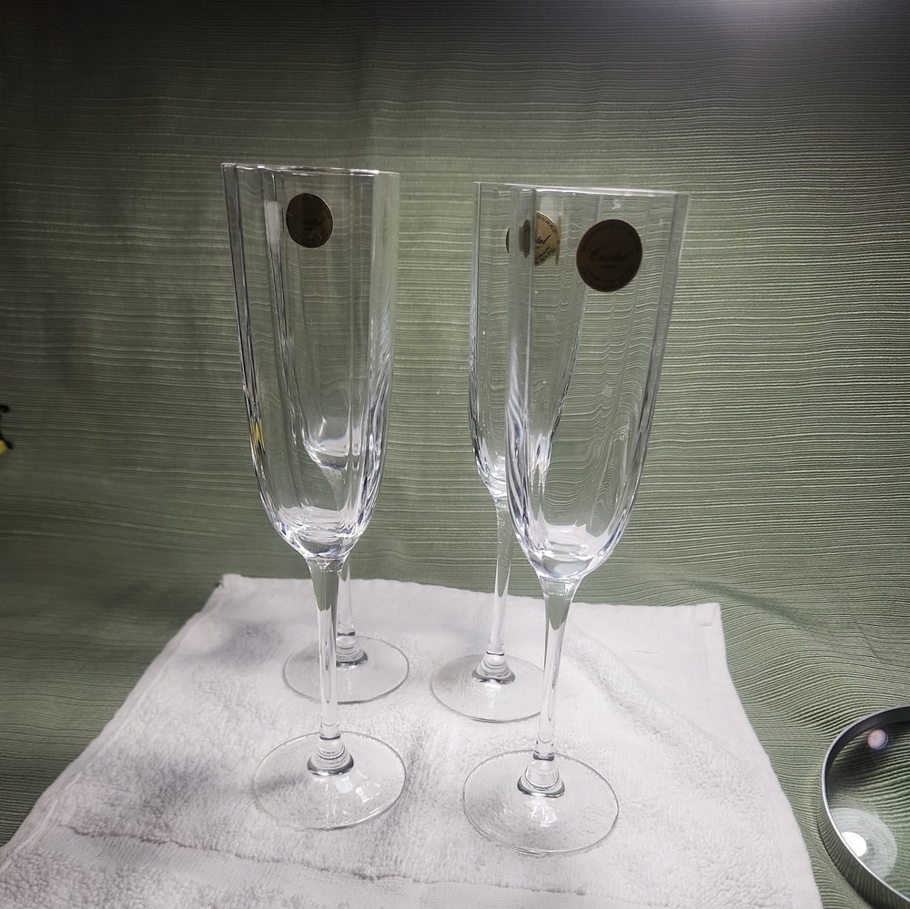 (4) Cristal France LONG CHAMP Lead Crystal Champagne Flutes Glasses