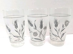 VTG 60s MCM 3 Libbey Frosted Silver Wheat & Wildflowers 12 oz Tumbler Glasses