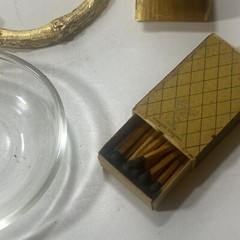Vintage 1950s Glass W/ Bamboo Gilded Metal Ashtray ,Matchbox & Swiss Matches
