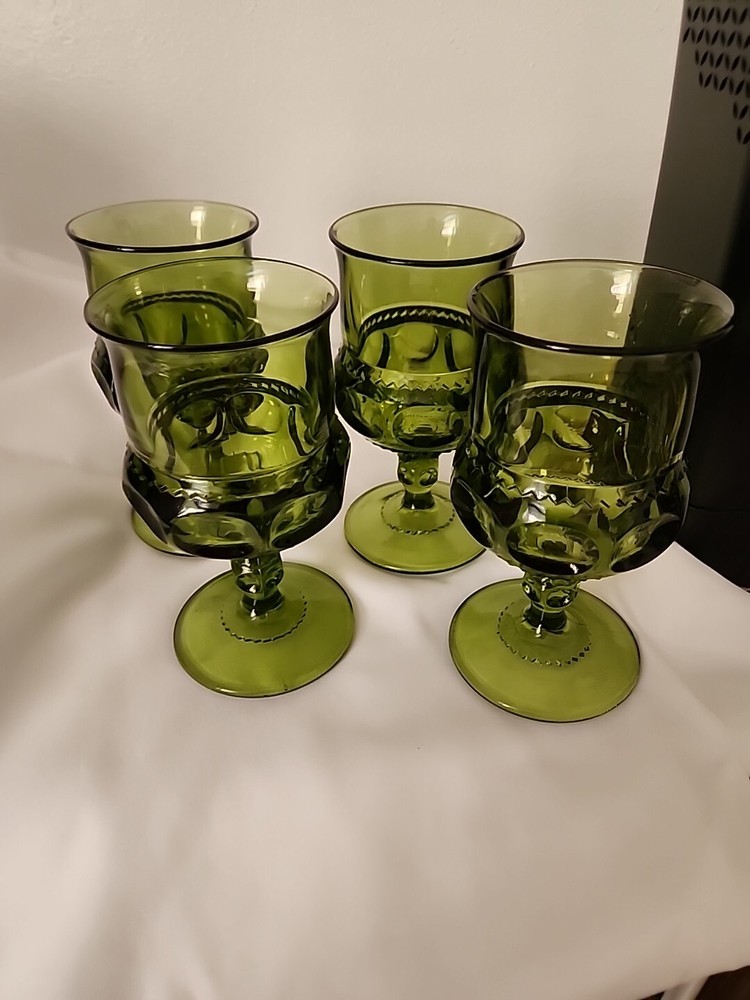 Vintage Set Of 4 Indiana Glass Avocado Green Kings Crown Thumbprint Goblets