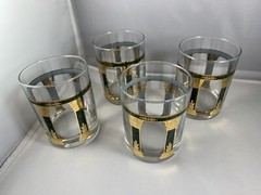 Culver glasses, set of 4 – green & 22K gilt Greek columns, rocks tumblers 80s
