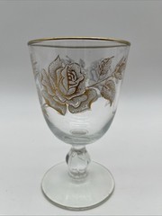 Libbey Vintage Stemmed Water Glass White & Gold Roses Set of 2