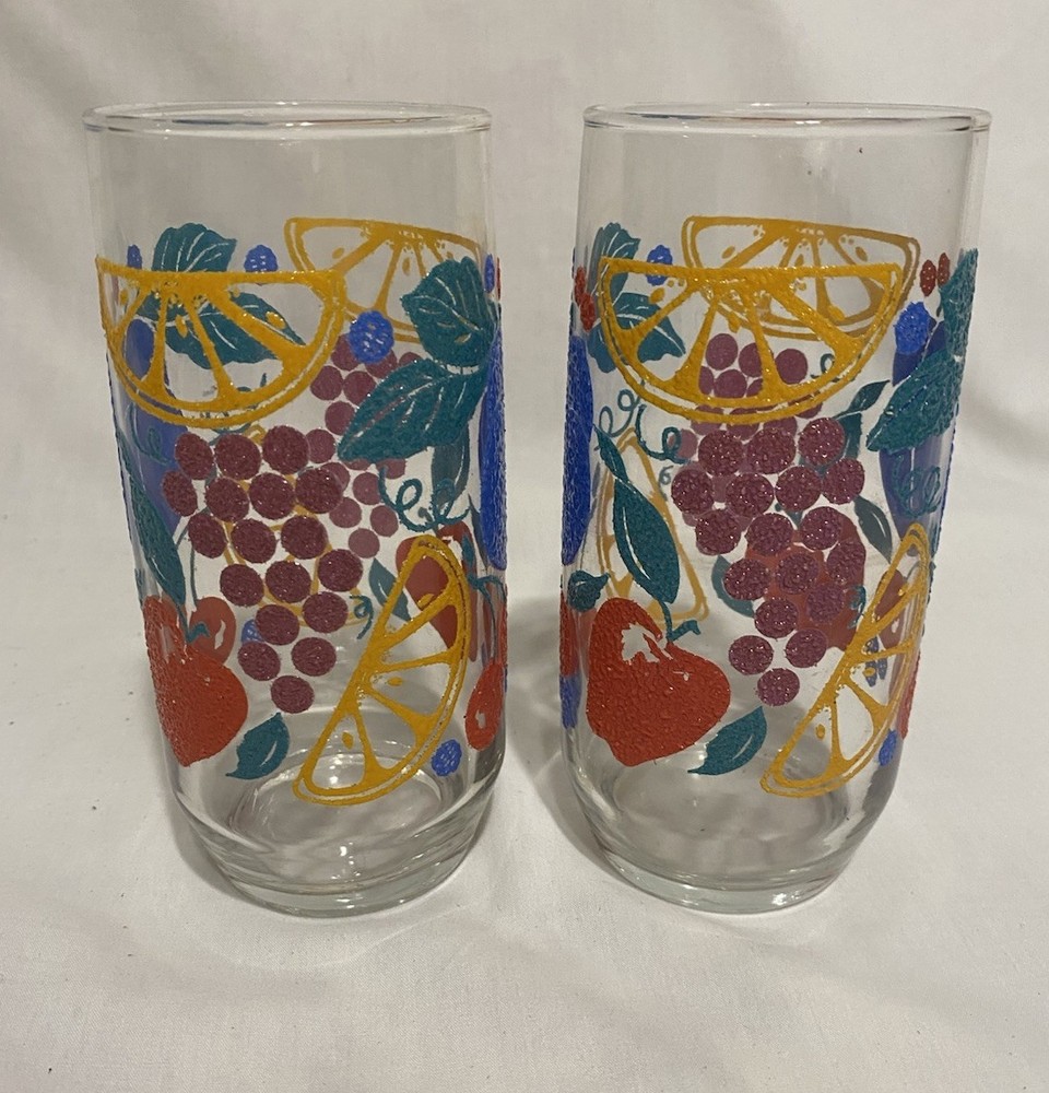 Vtg. Libby Fanciful Fruit Textured Drinking Glass /Tumbler 14 oz. 6″ Set of 2