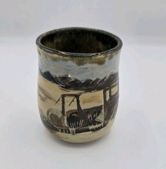 Signed Studio Pottery Tumbler Cup – Hand Painted Car Scene – Artisan Ceramic