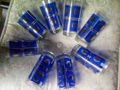 💥 8 Highball Gold Cobalt Blue Art Deco Glasses MCM VTG Retro Atomic Barware Bar