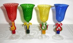 4 Bombay Multicolor Venetian Murano Handblown Art Glass Cordial Goblets Uranium