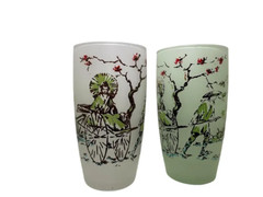 Vintage Mid Century Modern Frosted White and Green Oriental Style Set of 2