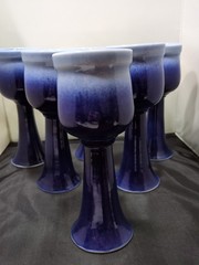 6 Blue Pottery Wine Glasses Renaissance Faire Style Signed