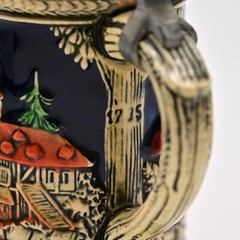 Original Vintage Signed German Ceramic Hand Painted Glazed Pewter Lid Beer Stein