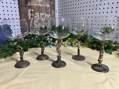 Rhinestone Jeweled Wine Glasses Set 5 Goblet Bronze Enamel Stem Bird & Leopard