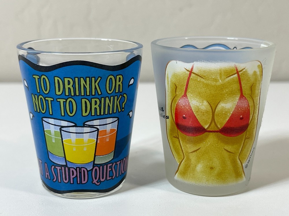 Lot of 2 – Antigua West Indies Shot Glasses Vacation Travel Beach Souvenir Set
