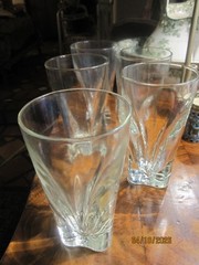 5 tall crystal tumblers with bullets and triangle bottoms, not Moretti
