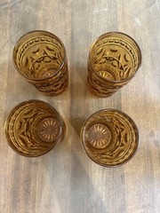 Indiana Glass Colony Park Lane Juice Glasses (4) Amber Gold Starburst MCM Retro
