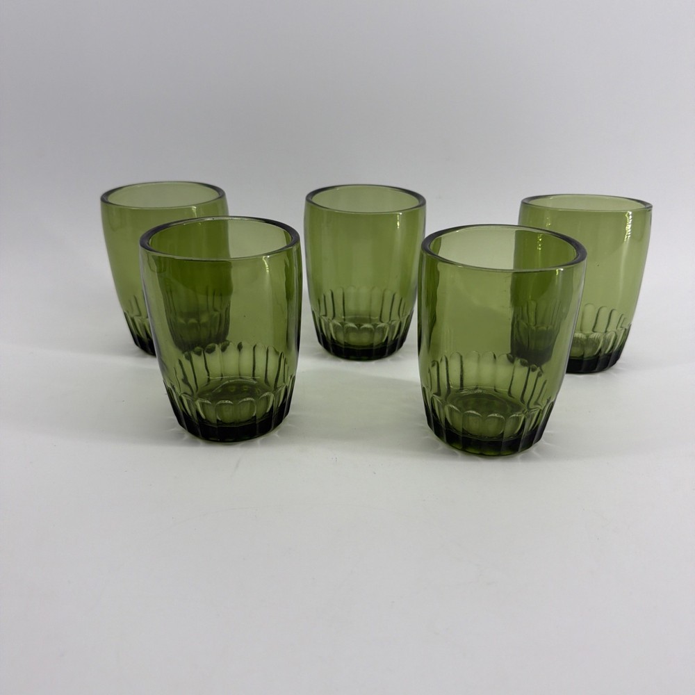 5 Bartlett Collins Glass Barrel Tumblers Ribbed Base Rock Glasses Avocado Green