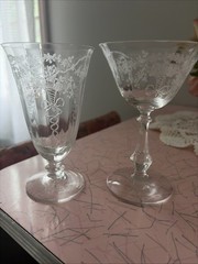 2 Pcs Fostoria Crystal CORSAGE Glass Goblet Etched Tea Goblet & Champagne Coupe