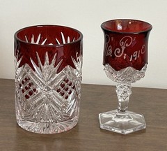 VINTAGE ANTIQUE RUBY RED FLASH TO CLEAR CUT GLASS TUMBLER AND S.R.P. 1910 GOBLET