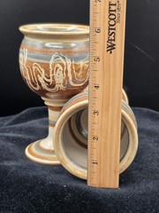 Pair Studio Art Pottery Goblets Hand Thrown Brown Blue Sgraffito Wine Chalices