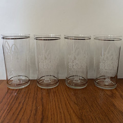 Vintage MCM White Floral Flower Basket Glasses Silver Rim Mid Century Tumbler 4