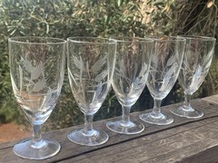 Vintage Etched Wheat Clear Glass MCM Crystal 4.75″ H Glasses Set-5 Cordial 4 oz