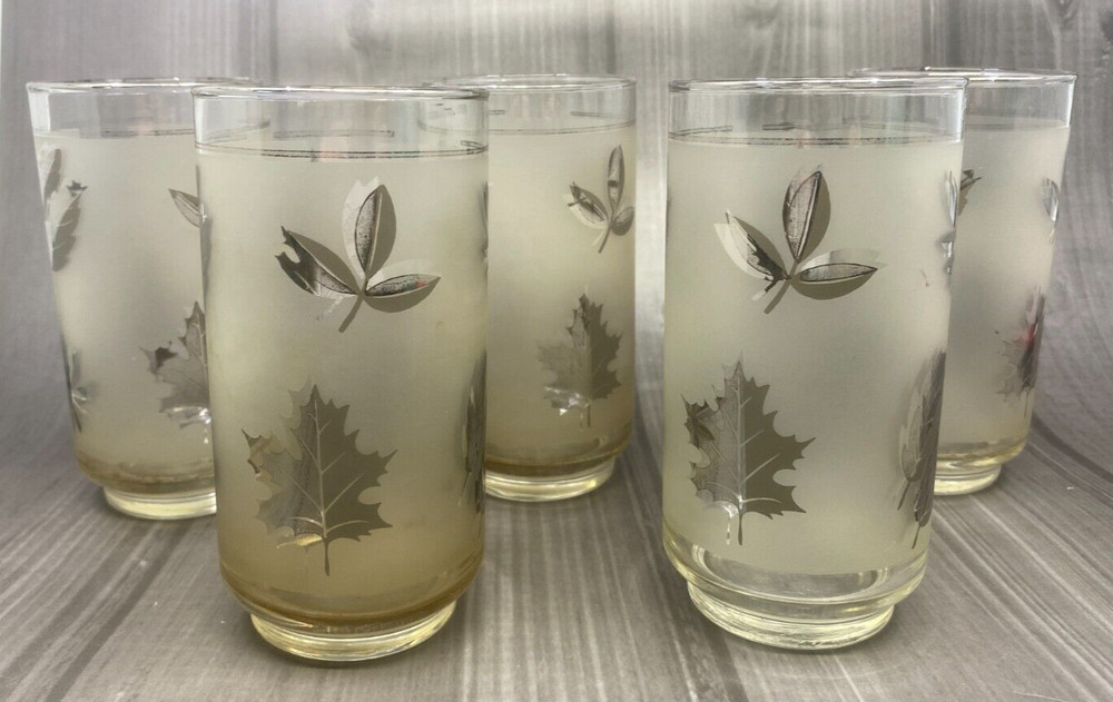 Set of 5 Vintage LIBBEY Glass Company Silver Leaf Highball Glasses 1953-1978