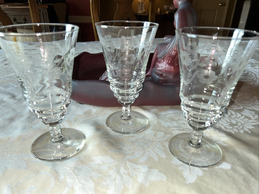 1940s Libbey Rock Sharpe 3005-7 Etched Flower Leaves Iced Tea Glass Set of 3