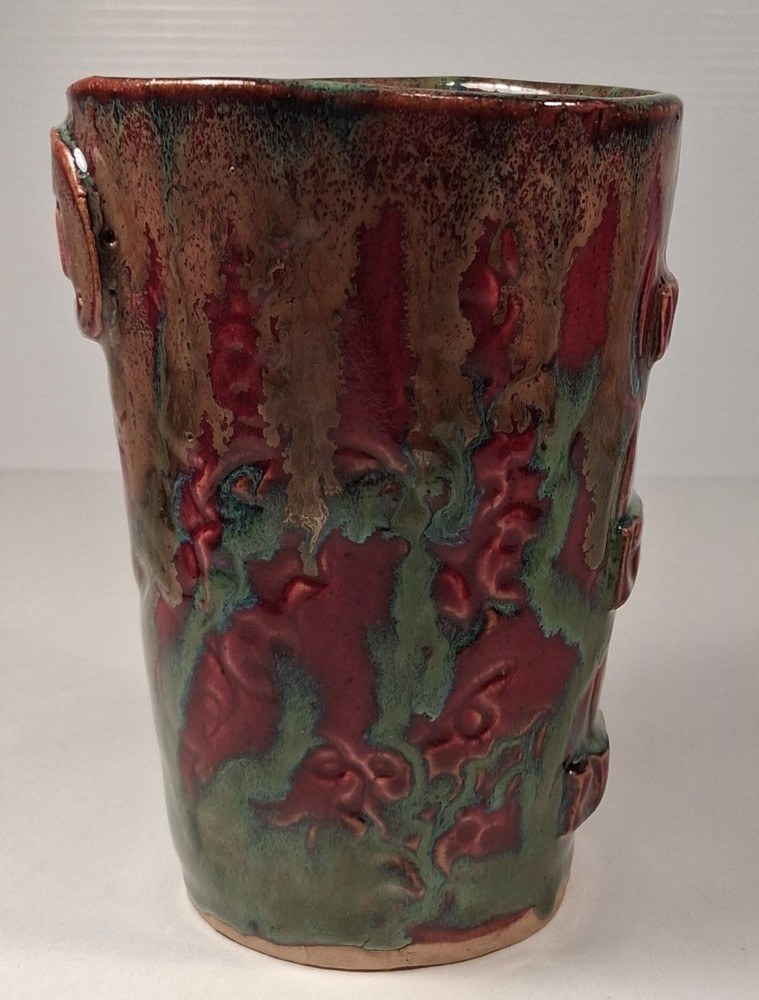 Drip Glazed Pottery Tumbler 5″ Hand Thrown Signed SG 12 Oz Shamrock Mark