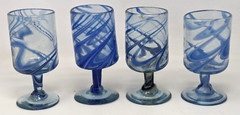 Vintage Mexican? Hand Blown Art Glass Blue Swirl Wine Water Goblets 4 Lot A24