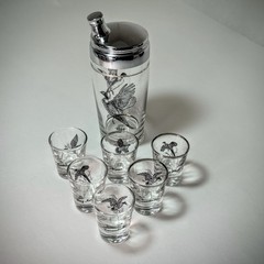 Hazel Atlas Pheasants Cocktail Shaker 6 Shot Glasses Game Birds Hunting MCM Set