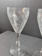 2 Ambassador Sears Water Goblets Etched Gray Cut Floral Ball Stem Optic 7 3/4″