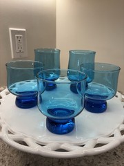 5 Vintage Anchor Hocking Tivoli Laser Blue Juice Glasses Tumblers
