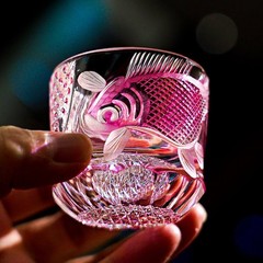 Japanese Style Edo Kiriko 1.5oz Pink Crystal Whiskey Glass Tumbler For Bourbon