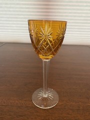 STUNNING VTG Amber Cut To Clear CRISS CROSS & FAN Wine Glass 7.5″H