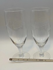 2 Antique Etched Wheat Pattern Clear Glass Wine Glasses Flutes Hand Blown