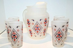 Vintage Frosted Pitcher & 6 Glasses Tumblers Dutch Tulips Hearts Red White Blue