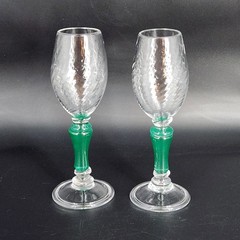 Set of 2 Signed Hand Blown Vtg Studio Art Glass Wine Champagne Glasses Green