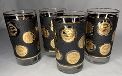 Lot Of 4 Vintage Libbey Gold Coins Tumblers Black & Gold MCM Highball Glasses 5”