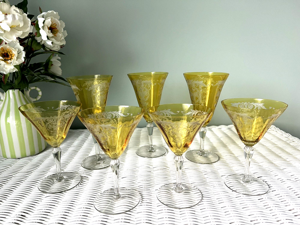 7 vintage Tiffin Arcadian Art Deco Topaz Etched Basket Design Footed Glasses
