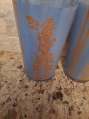 1960 Culver Blue Gold Siam Thai Goddess Drinking Glass Tumbler 5” Tall Set Of 4