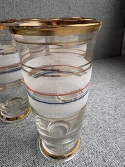 6 Vtg 50s Graniteware Highball Cocktail Glass Tumbler Red White Blue Gold 6” MCM